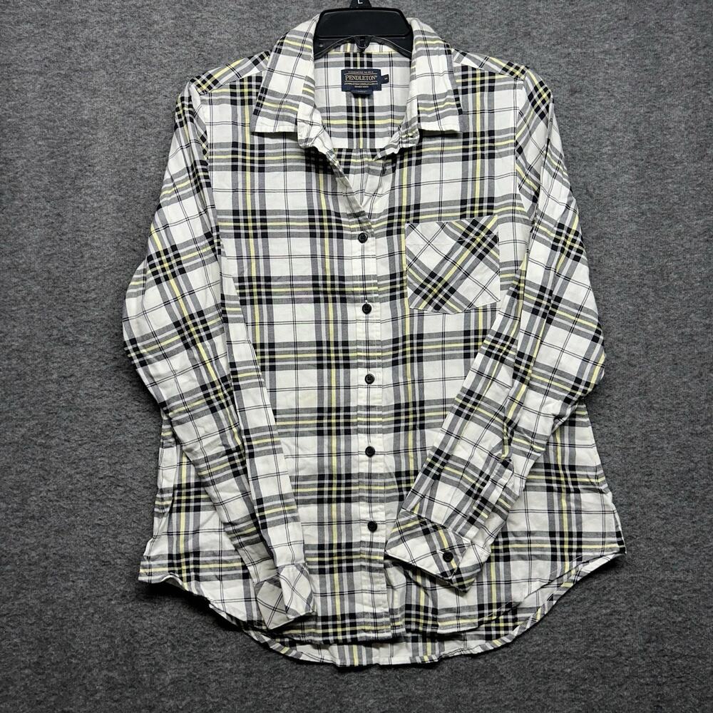 Pendleton Plaid Flannel Shirt Size‎ M White Black Long Sleeve Button Up Cotton